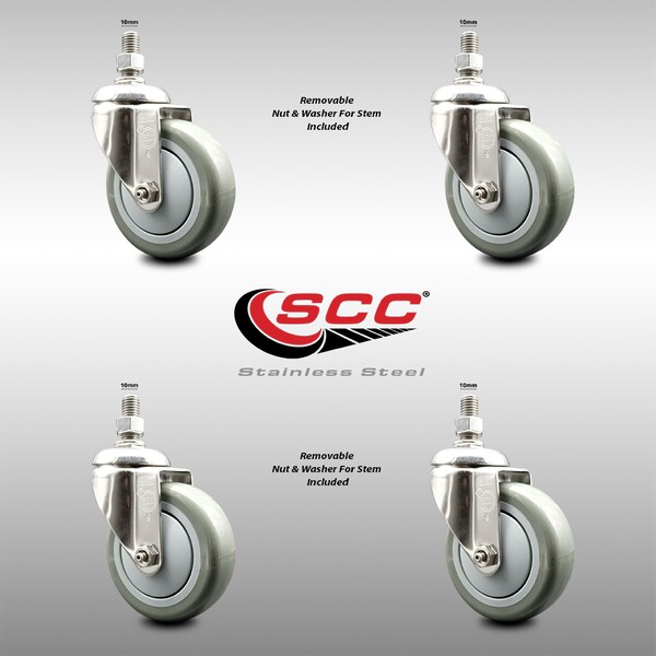 4 Inch 316SS Gray Polyurethane Wheel Swivel 10mm Threaded Stem Caster Set